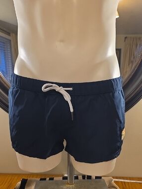 Men's Navy Swim Trunks with White Drawcord